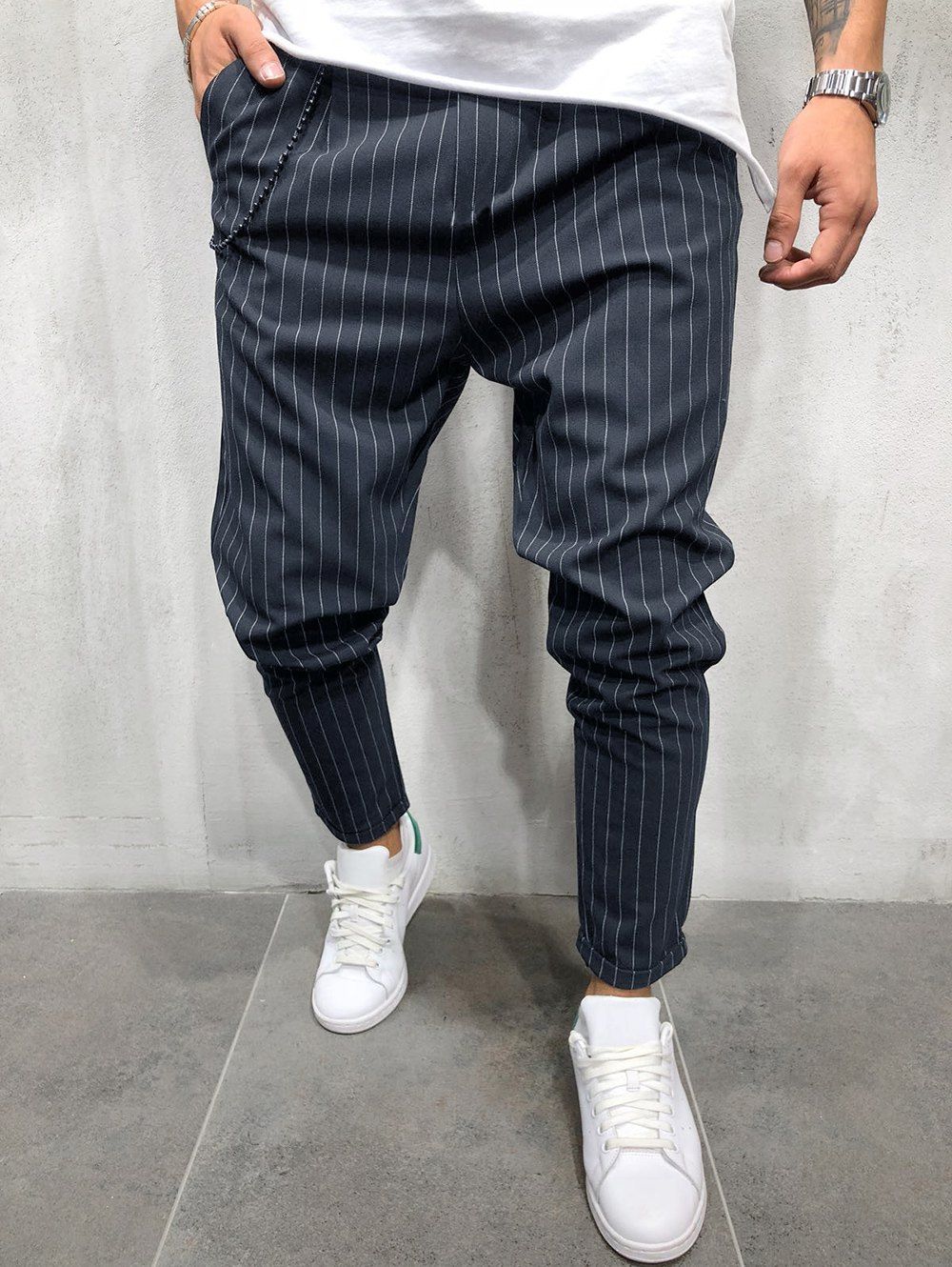 

Stripe Elastic Waist Pants, Cadetblue