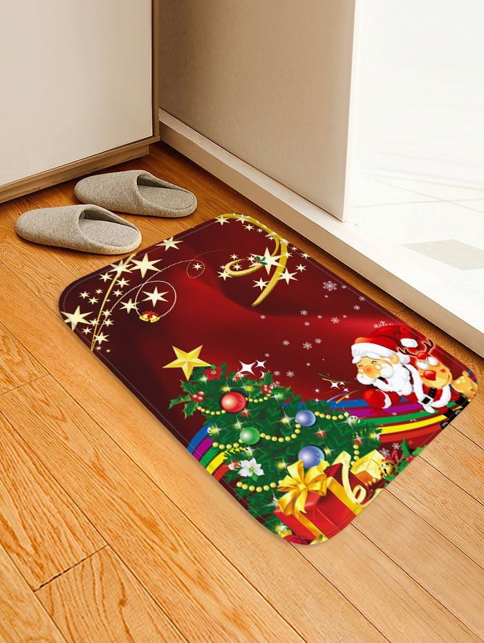 

Father Christmas Tree Deer Printed Floor Mat, Red wine