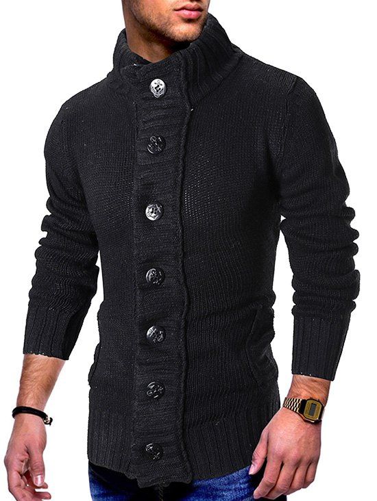 

Stand Collar Button Fly Knitted Cardigan, Black