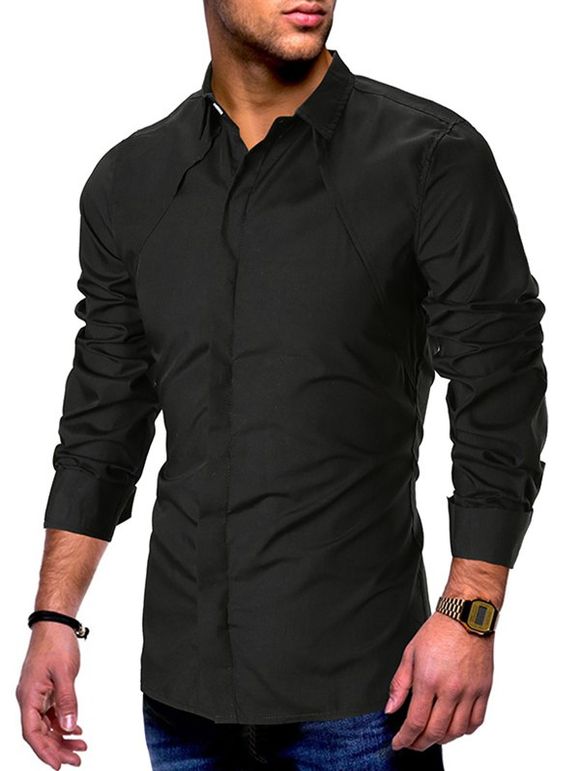 Chemise d'Affaires en Couleur Unie avec Bouton Caché - Noir XL