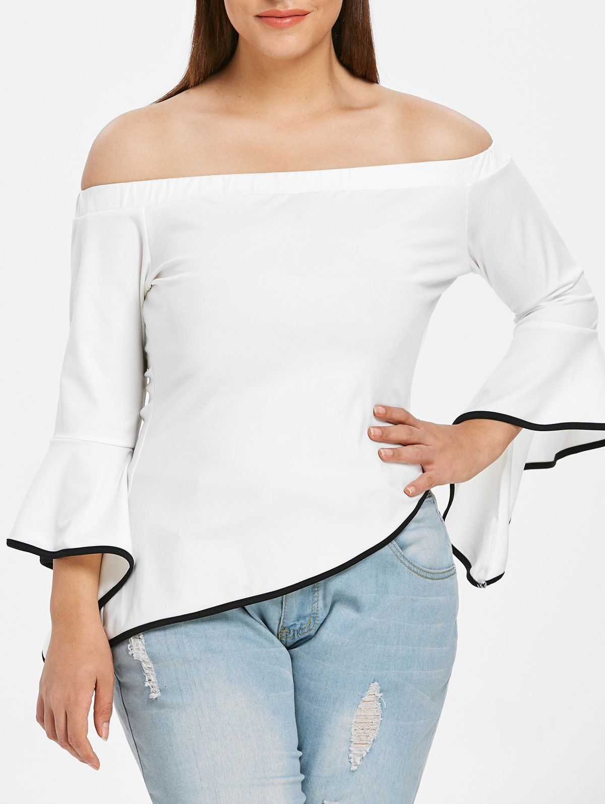 [29 Off] 2021 Plus Size Off Shoulder Bell Sleeve Asymmetric T Shirt In White Dresslily