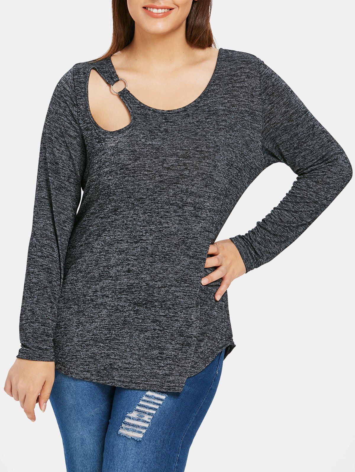 [34% OFF] 2020 Plus Size Long Sleeve Cut Out Marled T-shirt In DARK SLATE GREY | DressLily