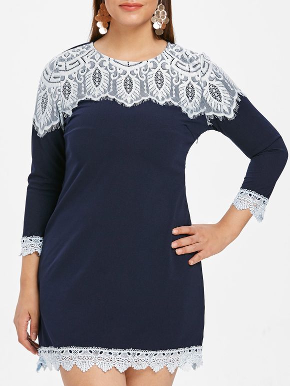 Robe Panneau en Dentelle de Grande Taille à Manches Longues - Bleu de Minuit 4X