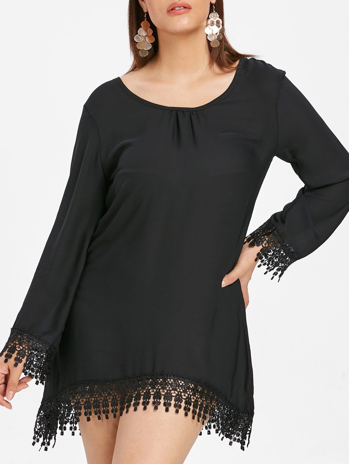 

Plus Size Long Sleeve Crochet Mini Dress, Black