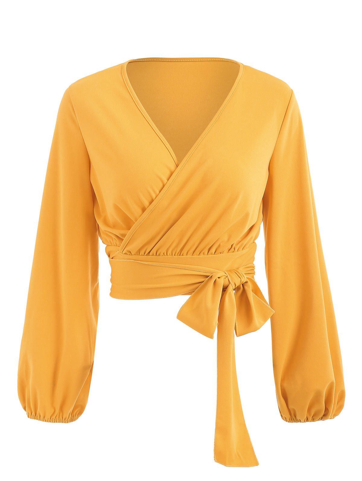 

Wrap V Neck Bow Tie Cropped Tee, Yellow