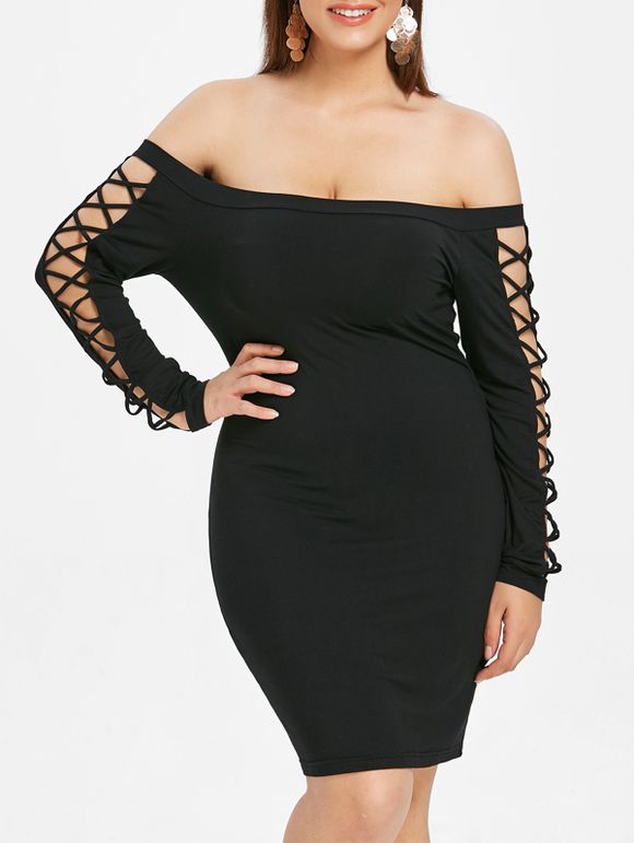 Robe Moulante Croisée à Epaule Dénudée de Grande Taille - Noir 1X