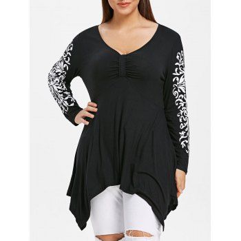 

Plus Size Ethnic Print Asymmetric T-shirt, Black