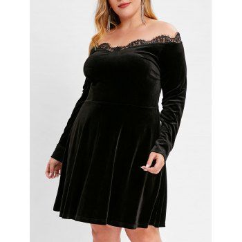 

Plus Size Lace Panel Off Shoulder Velvet Dress, Black
