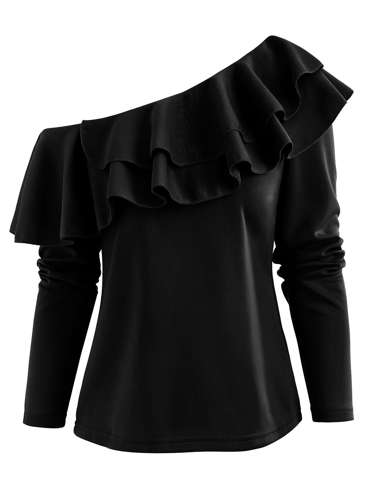 

One Shoulder Flounced T Shirt, Black