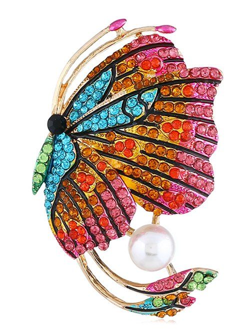 Faux Pearl Rhinestone Studded Butterfly Brooch - multicolor 