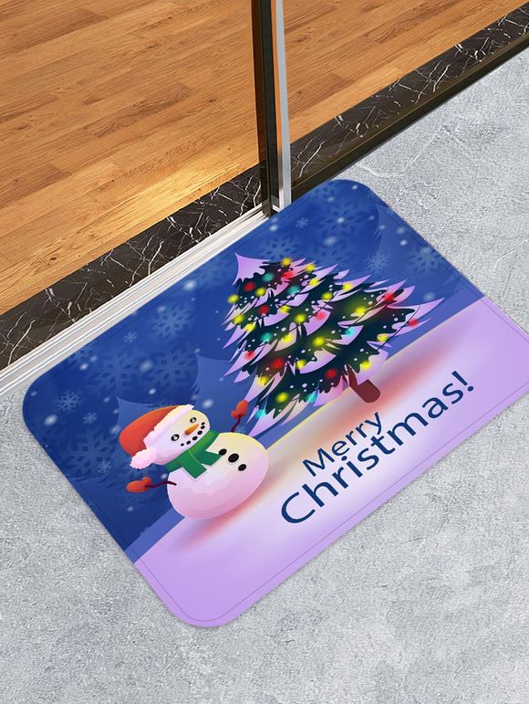 Tapis de Sol Décoratif Bonhomme de Neige et Sapin de Noël Imprimés - Bleu profond W16 X L24 INCH