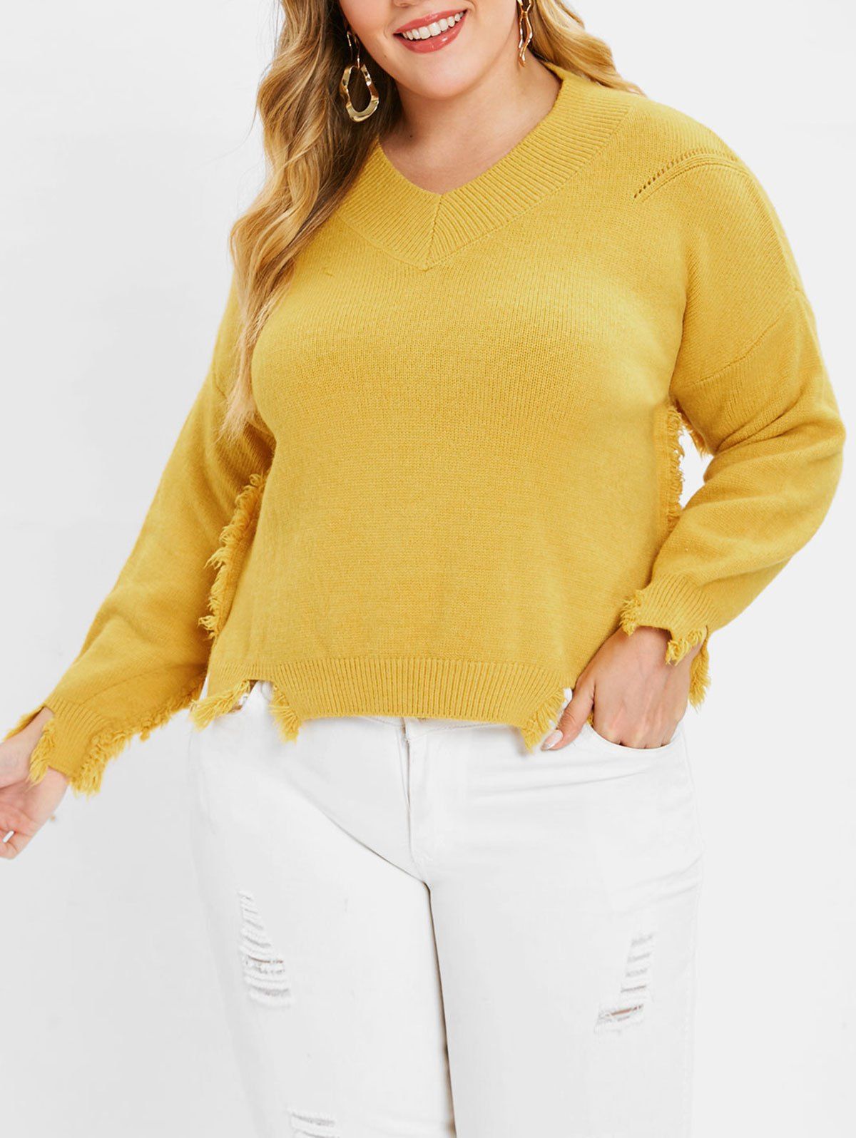 

Plus Size Frayed Slit Drop Shoulder Sweater, Yellow