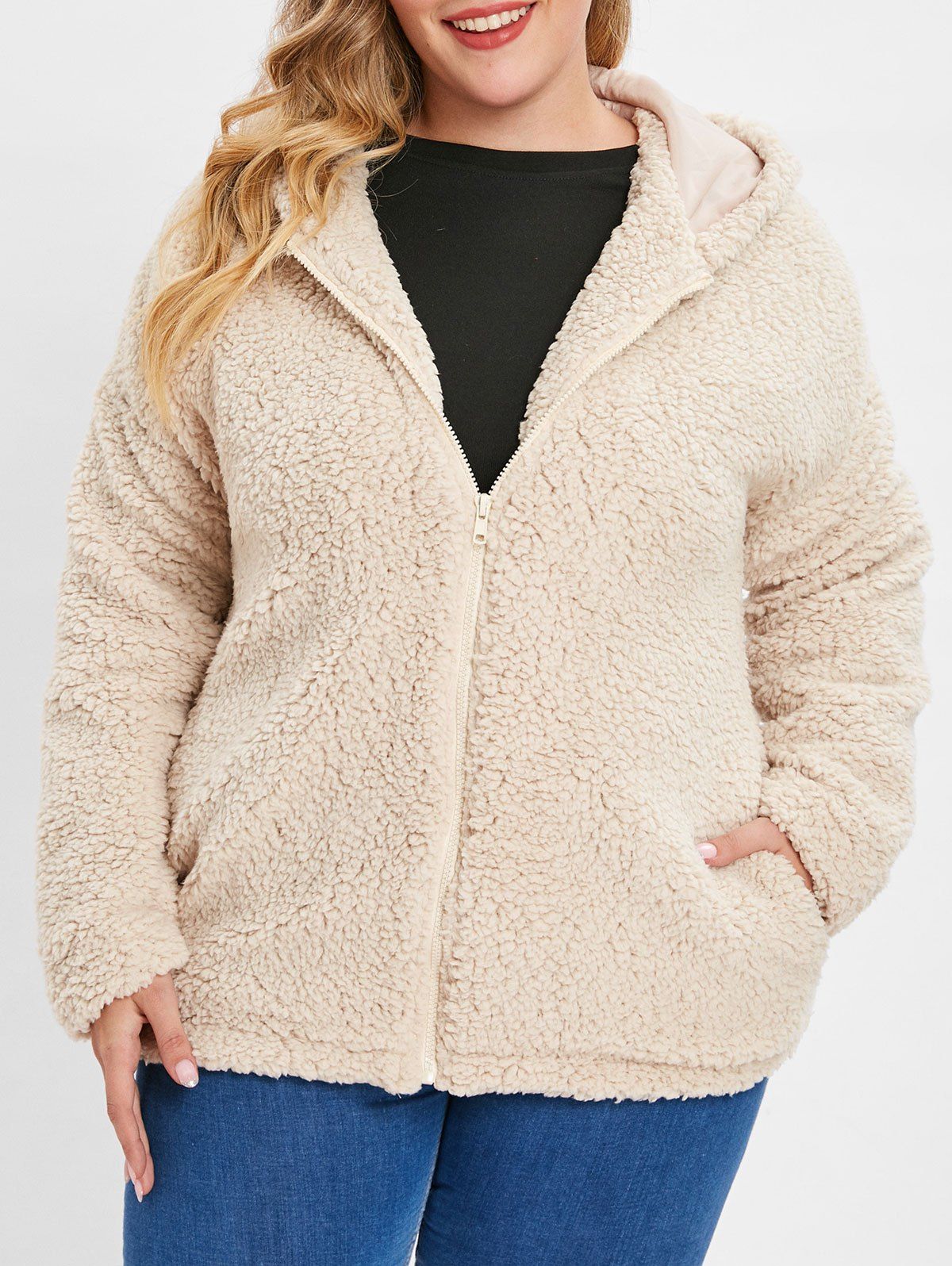 

Plus Size Hooded Fluffy Coat, Light khaki