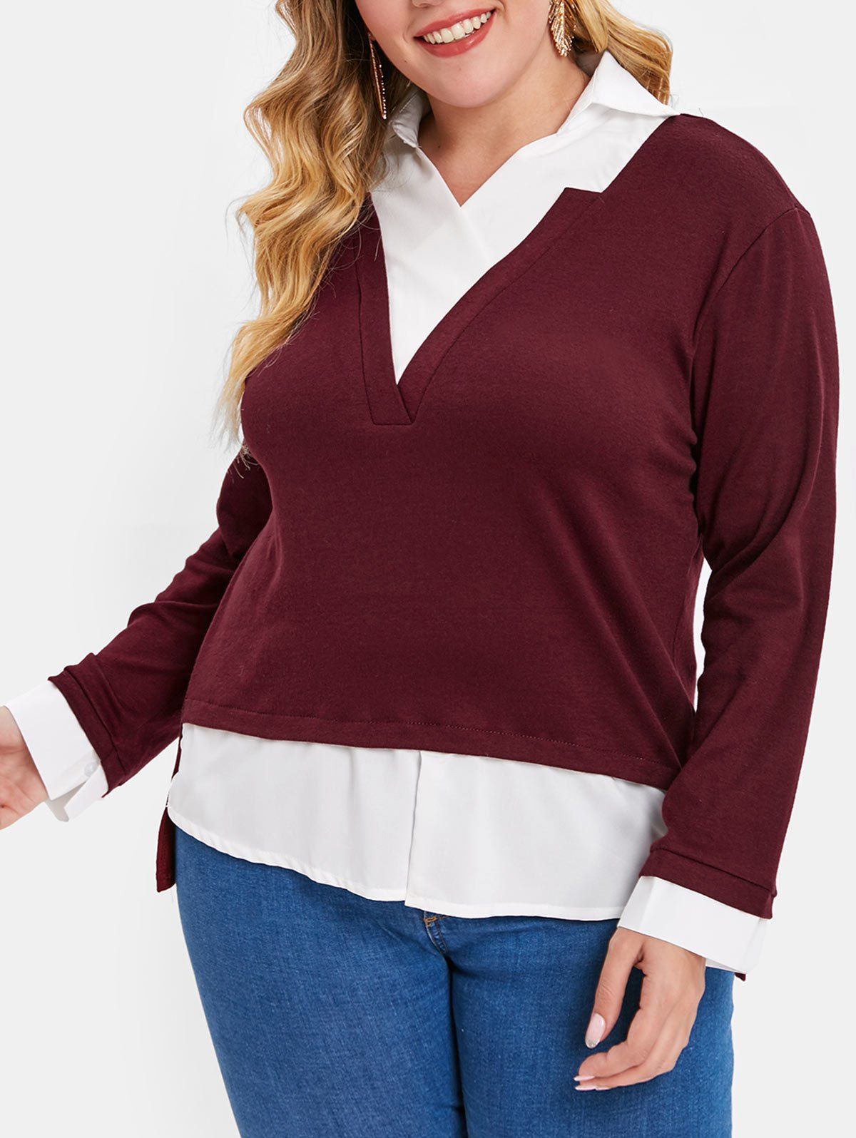 

Plus Size Asymmetric Contrast Long Sleeves Tee, Red wine