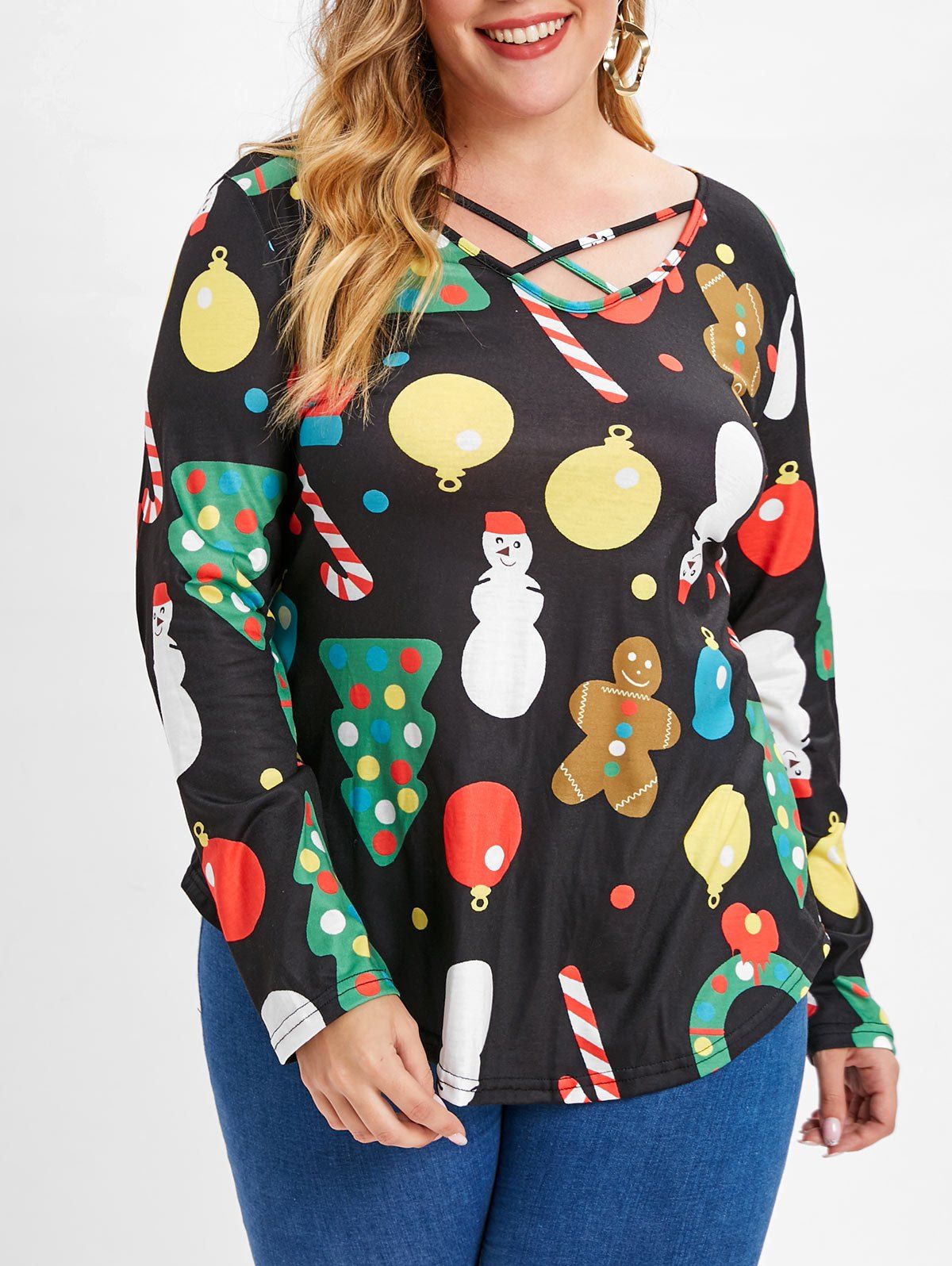 

Plus Size Criss Cross Christmas Print T-shirt, Black