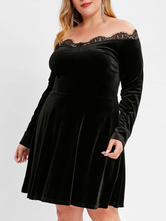 Robe Panneau en Dentelle à Epaule Dénudée Grande Taille en Velours - Noir 1X