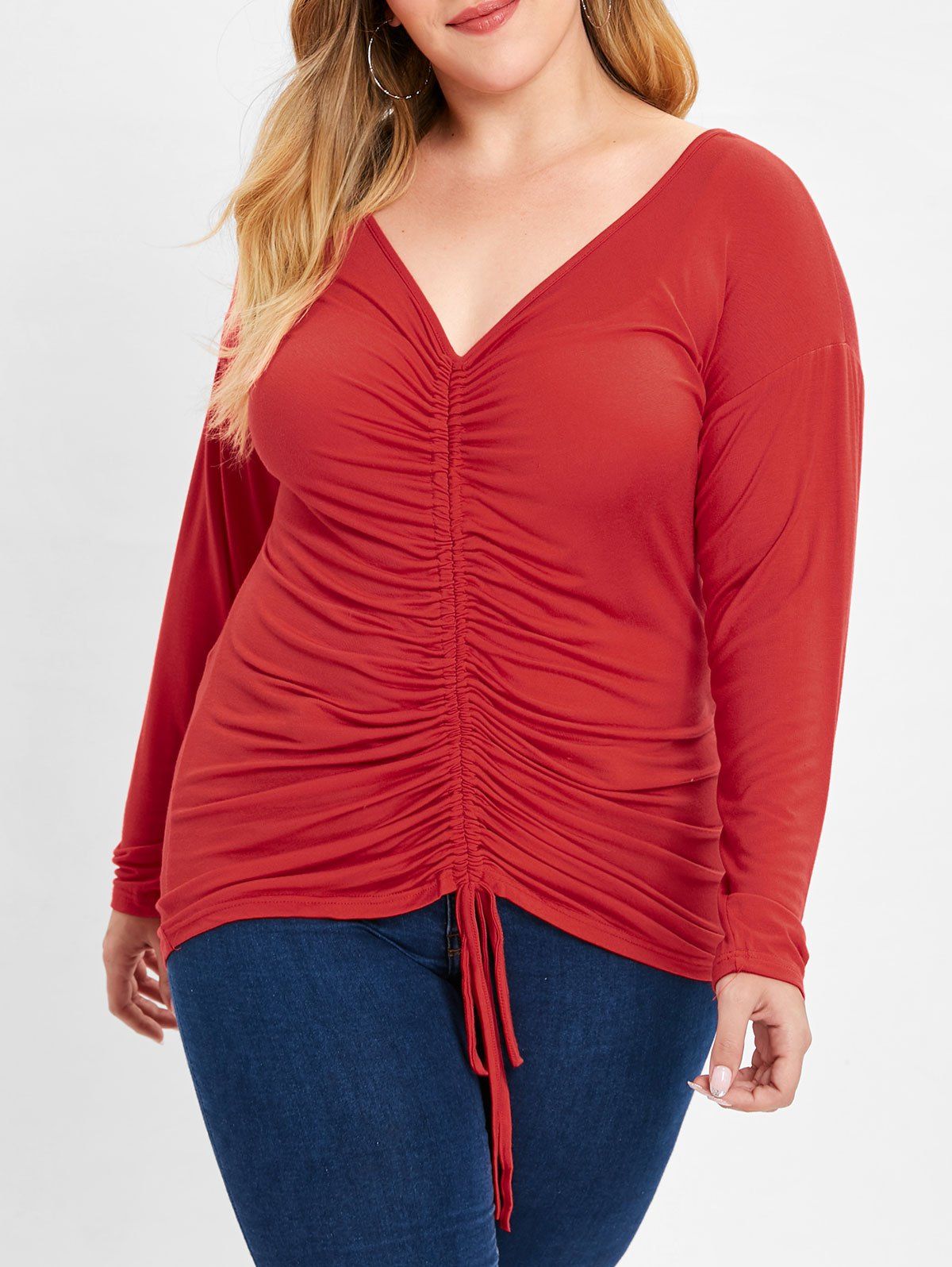 

Plus Size Ruched Long Sleeve T-shirt, Red