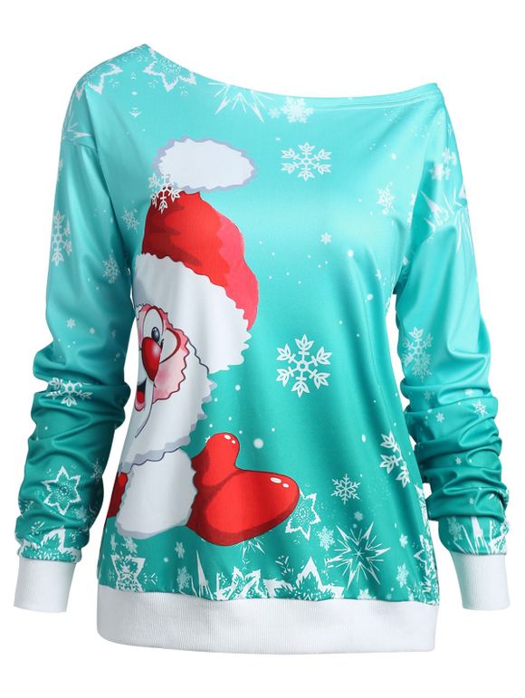 Sweat-shirt Père Noël et Flocon de Neige Imprimé - Turquoise Moyenne S