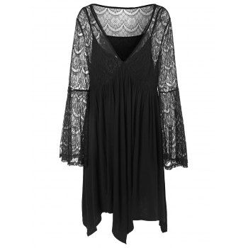 [31% OFF] 2023 Plus Size Plunging Neckline Bell Sleeve Lace Insert ...