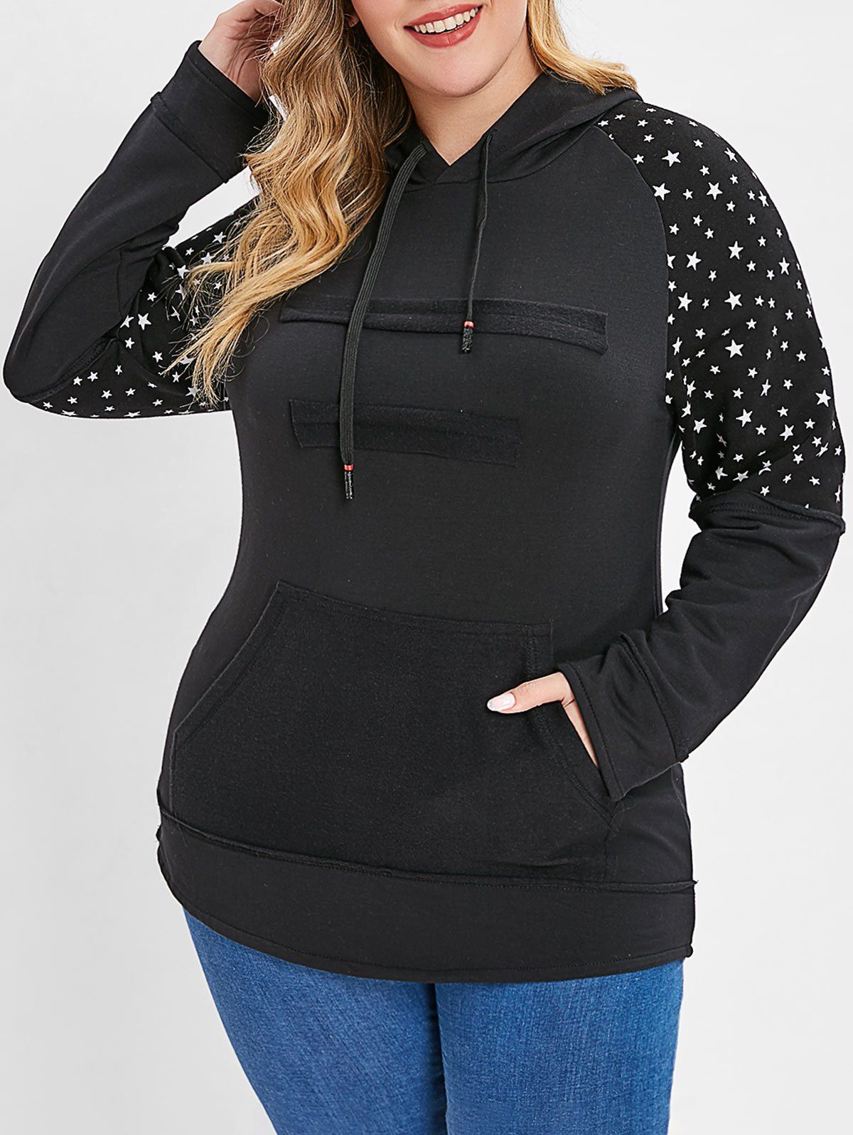 

Plus Size Star Kangaroo Pocket Hoodie, Black