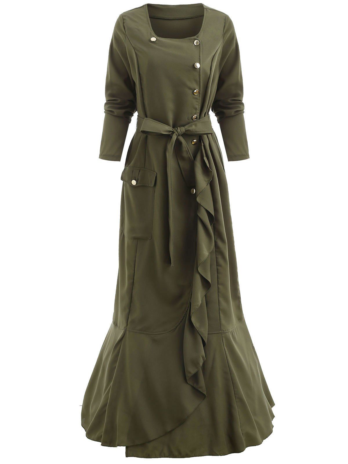 

Square Neck Flounced Asymmetrical Maxi Dress, Green
