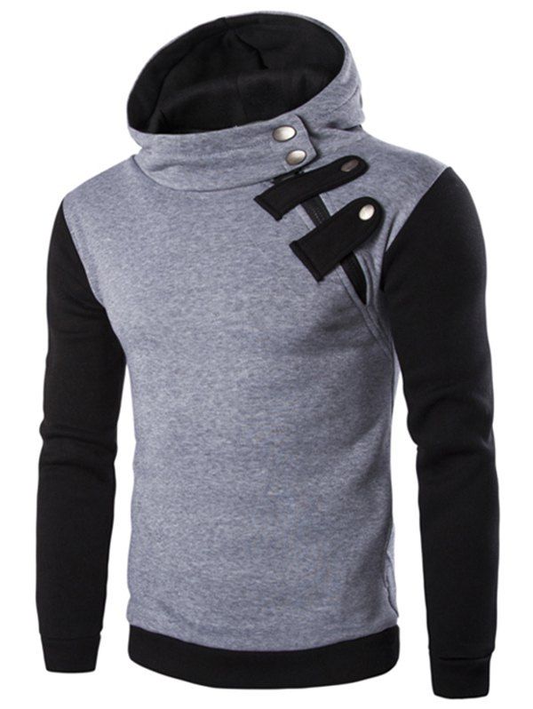 

Inclined Zipper Color Block Hooded Long Sleeves Men's Hoodie, Light gray