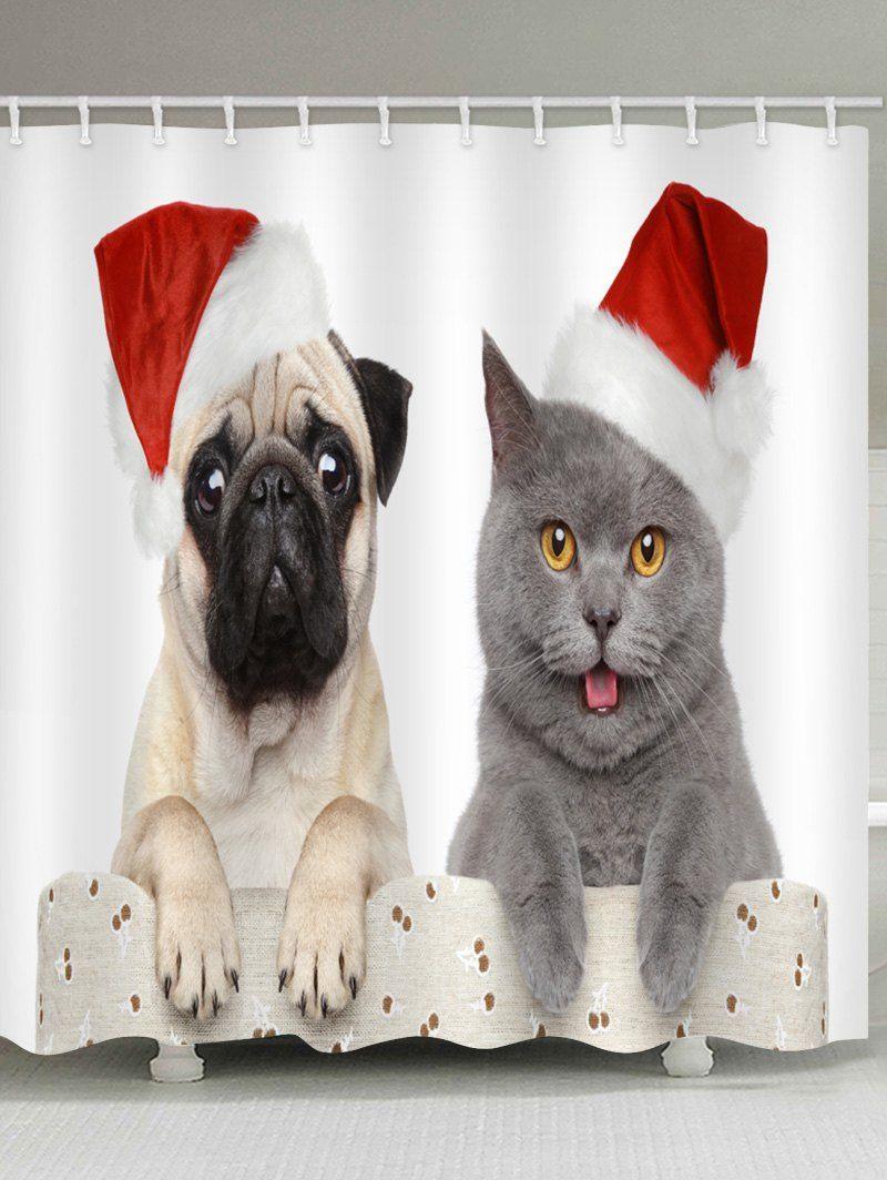 

Christmas Cat and Dog Print Waterproof Shower Curtain, Multi