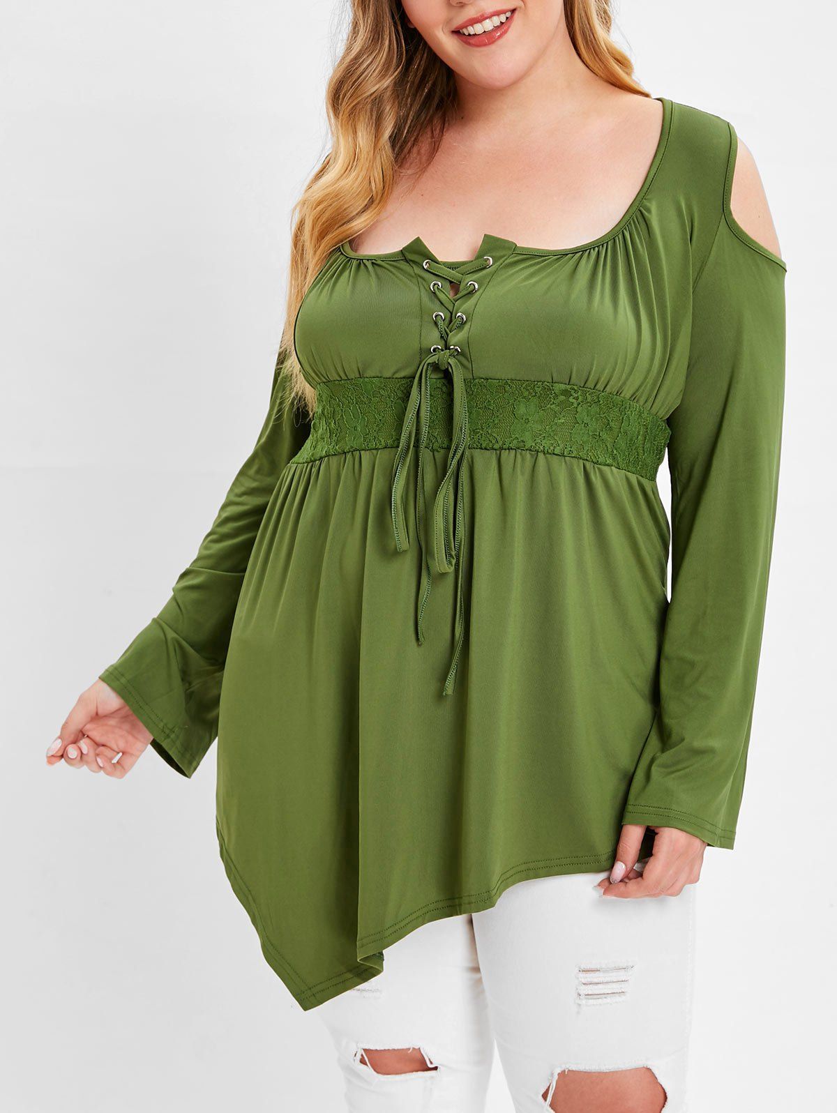 

Scoop Neck Plus Size Lace Panel T-shirt, Army green