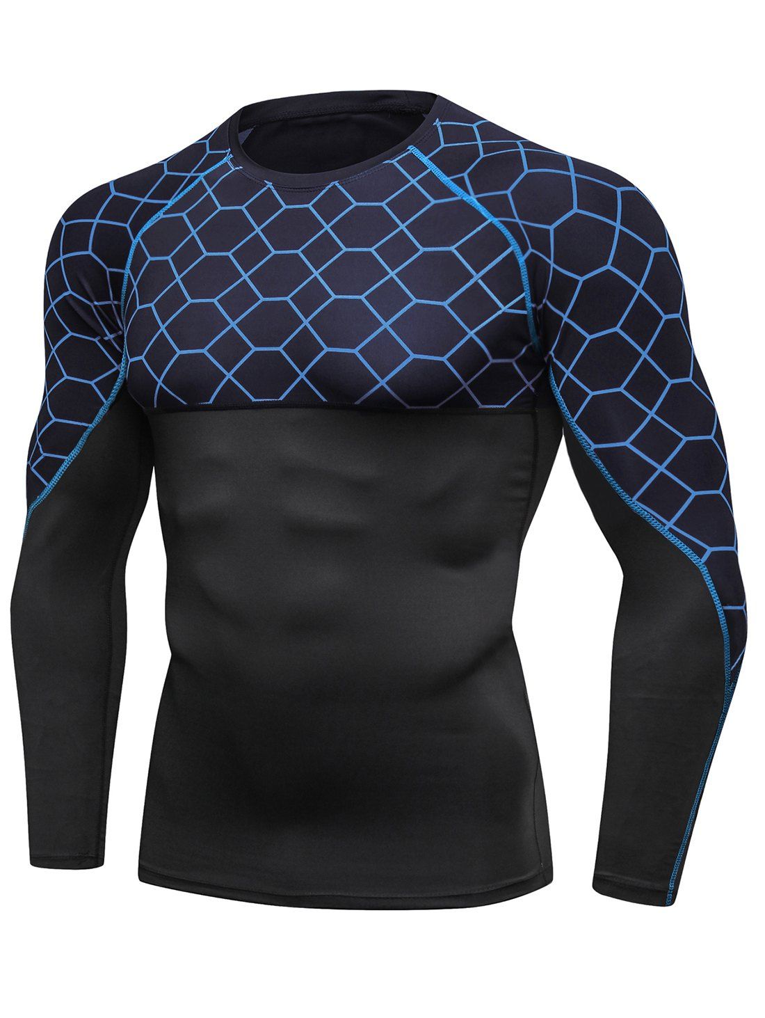 

Grid Pattern Long Sleeves High-elastic Sport Jersey, Multi-b