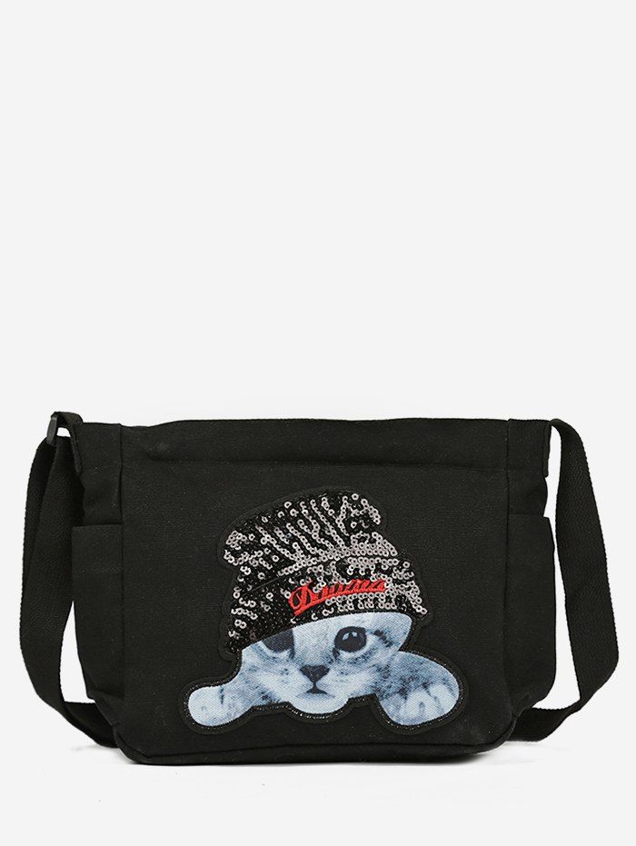 

Cat with Paillette Hat Pattern Crossbody Bag, Black