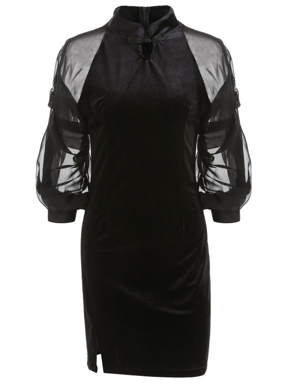 Robe Qipao en Velours en Mousseline de Soie - Noir XL