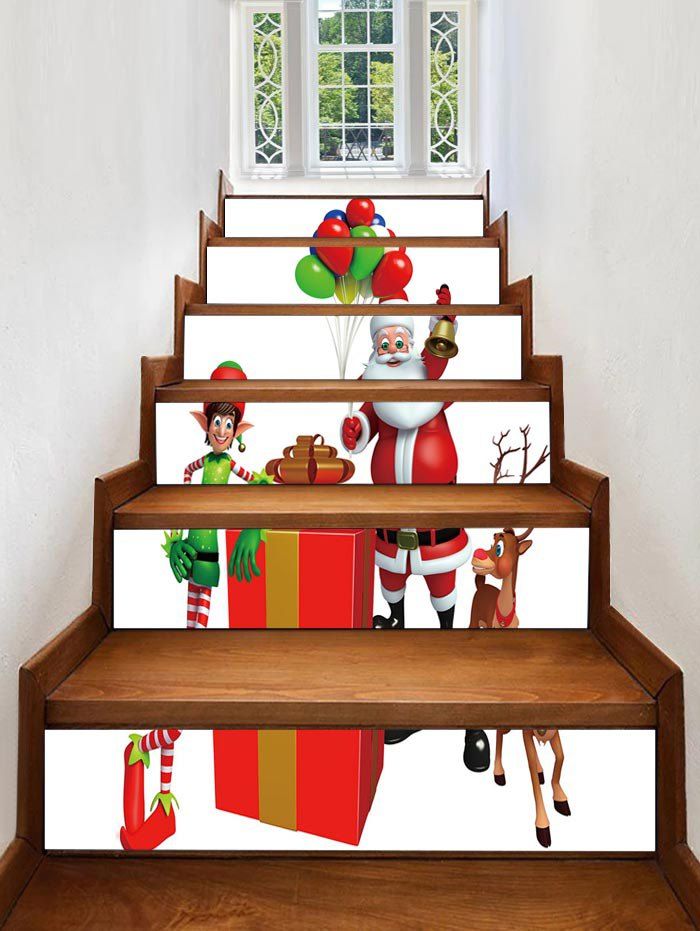 

Father Christmas Deer Gift Printed Removable Stair Stickers, White