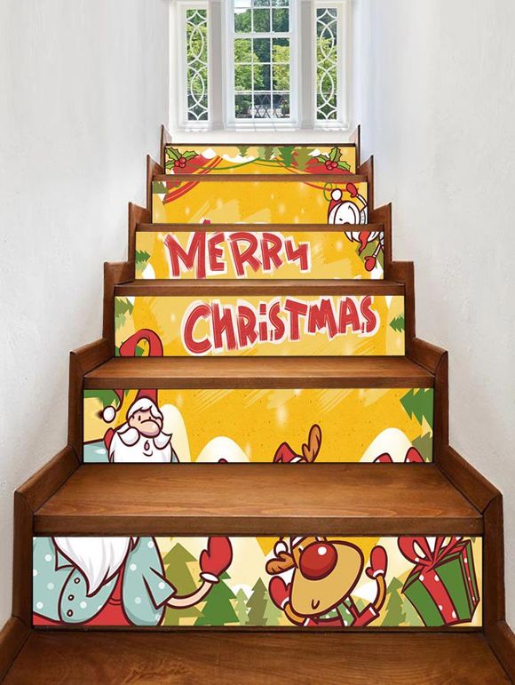 Autocollant d'Escalier Joyeux Noël Cerf et Cadeau Imprimés Amovible - Jaune Clair 6PCS X 39 X 7 INCH( NO FRAME )