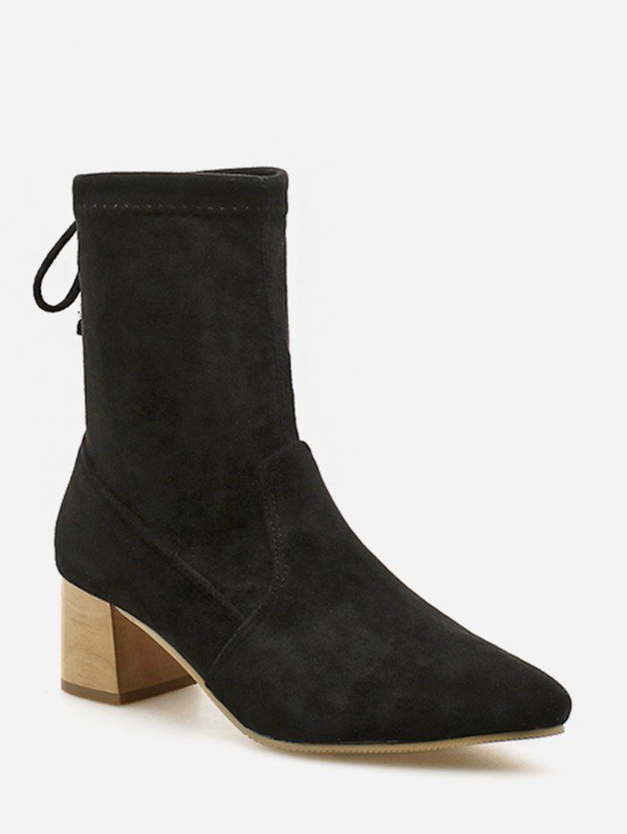 

Tie Back Suede Chunky Heel Short Boots, Black