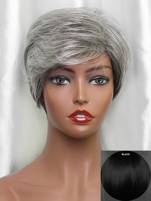 

Human Hair Short Inclined Bang Straight Wig, Black