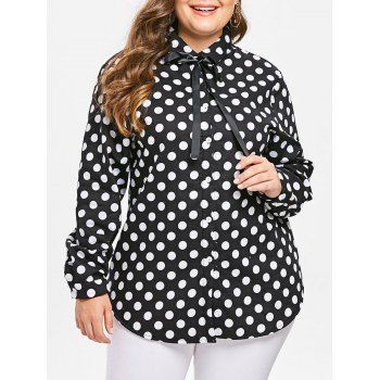 

Plus Size Polka Dot Fleece Shirt with Tie, Black