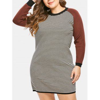 

Plus Size Raglan Sleeves Striped Sweater Dress, Coffee
