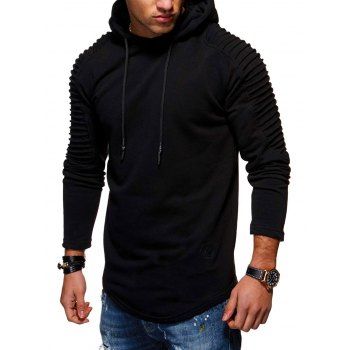 

Solid Color Pleated Sleeve Long Fleece Hoodie, Black