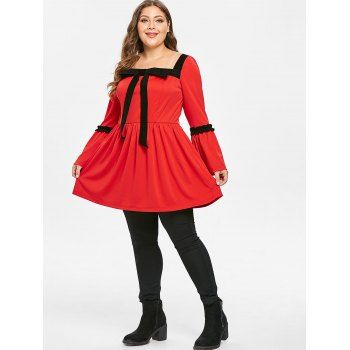 

Plus Size Bowknot Flare Sleeves Contrast Longline Tee, Red