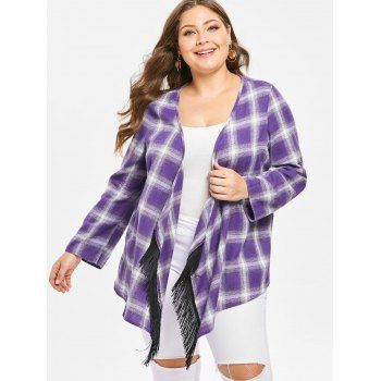

Plus Size Open Front Fringed Plaid Coat, Multicolor