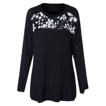 

Plus Size Long Sleeves Lace Panel T-shirt, Black