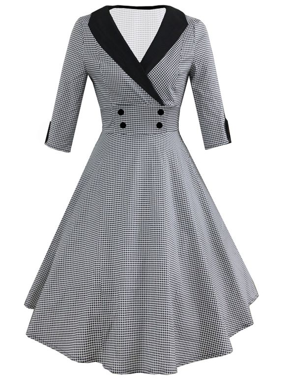 Robe Evasée Vintage Contrastée Superposée avec Boutons de Grande Taille - Noir 4X