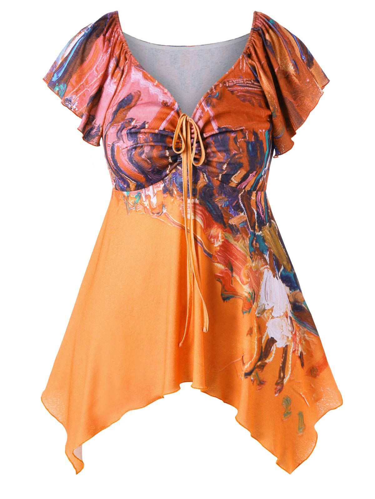 

Plus Size Oil Painting Asymmetric T-shirt, Colormix
