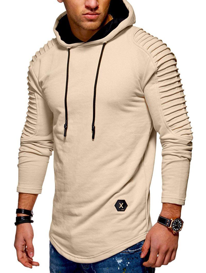 solid color pleated sleeve long fleece hoodie