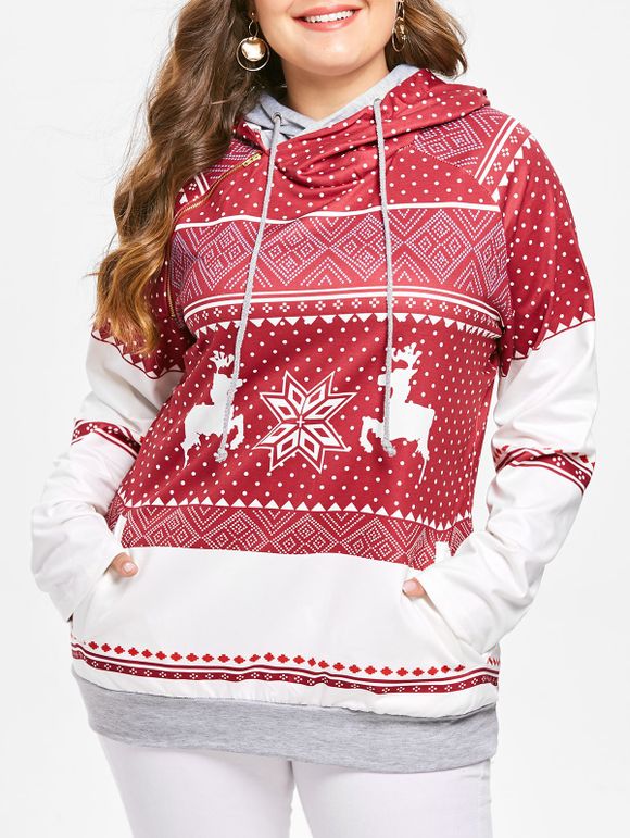 Sweat-shirt Cerf de Noël et Flocon de Neige Imprimé de Grande Taille - Rouge 1X