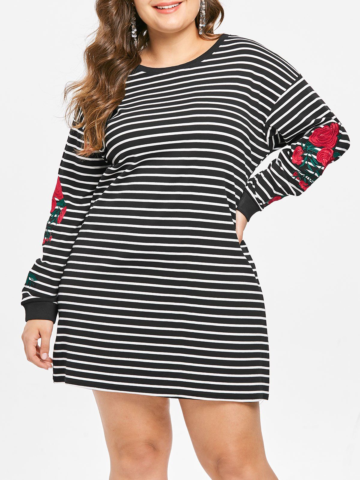 

Plus Size Floral Embroidered Striped Dress, Black