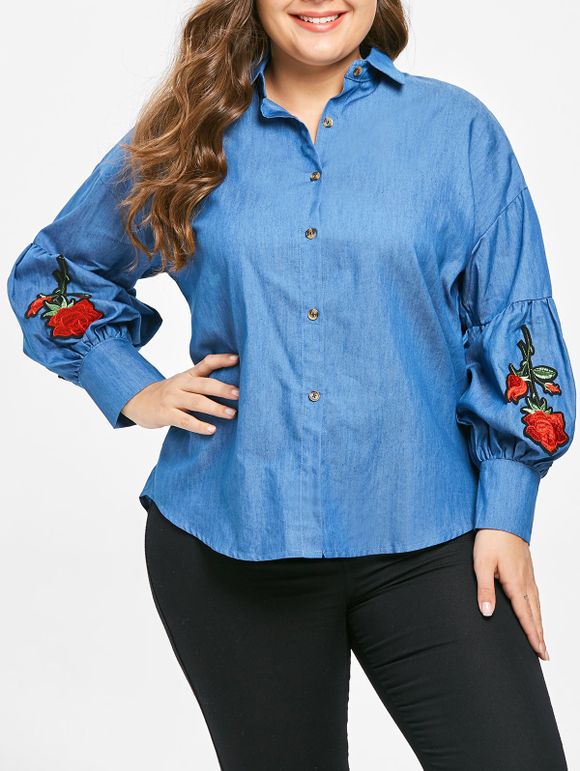 Plus Size High Low Floral Embroidered Chambray Shirt - BLUE L