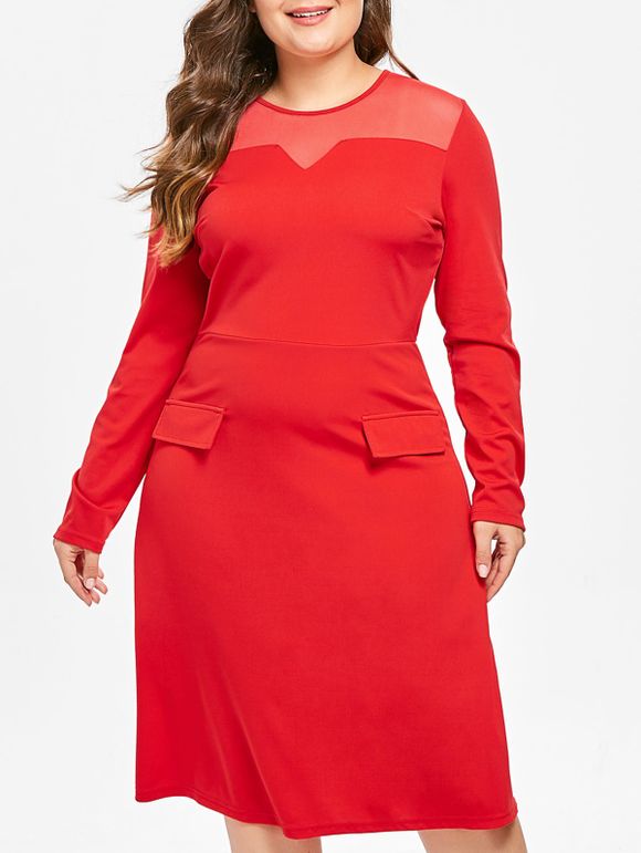 Robe Mi-Longue en Maille Insérée de Grande Taille - Rouge L