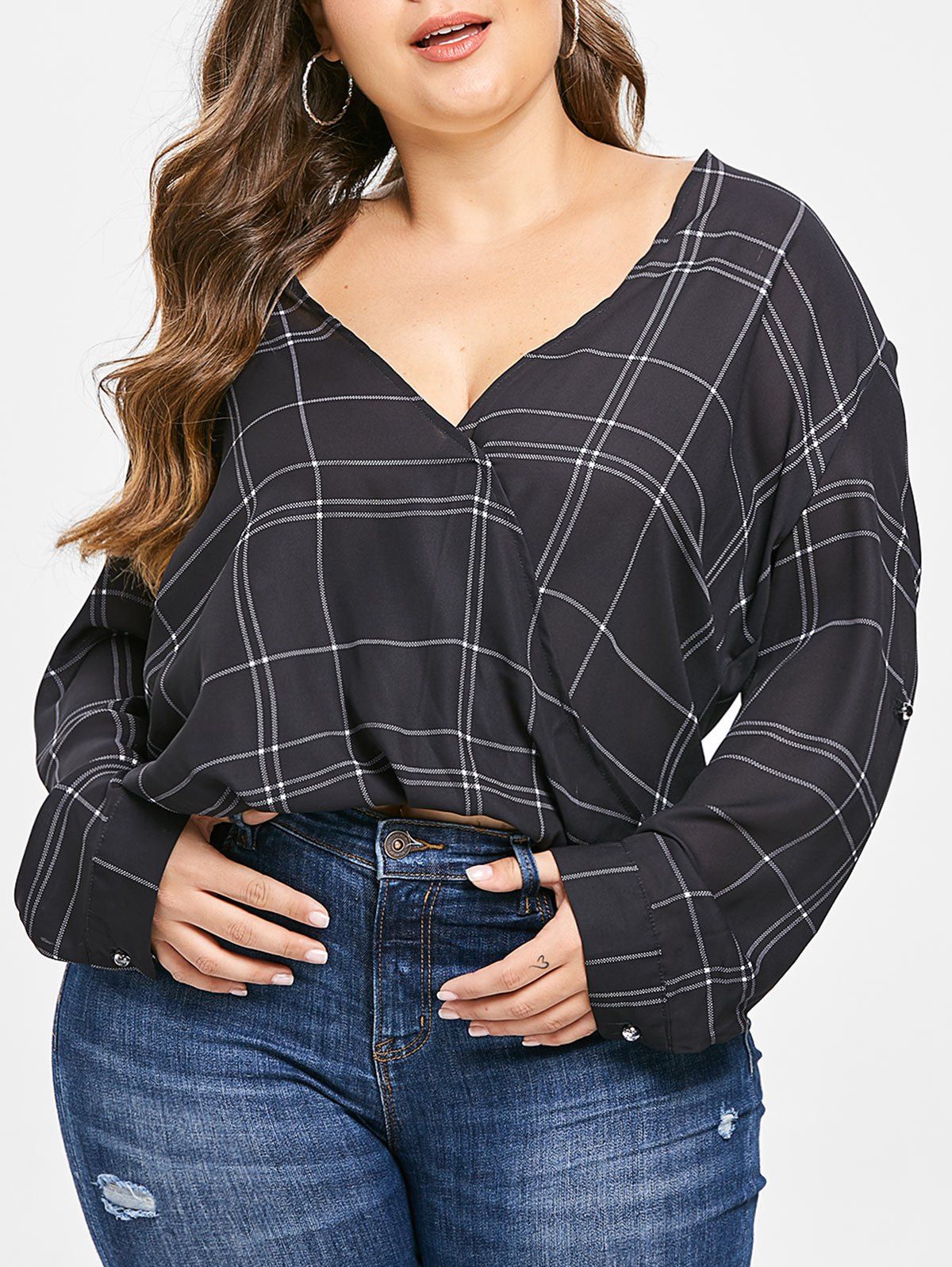 

Plus Size Plaid Overlap Blouse, Black