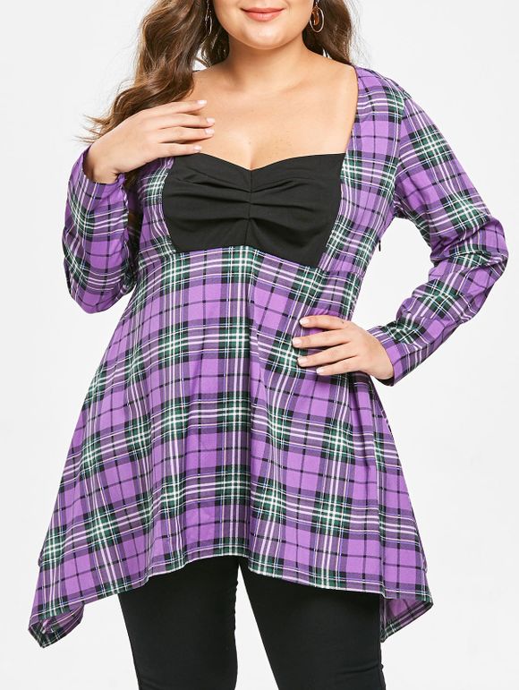 T-shirt à Carreaux de Grande Taille Manches Longues à Col en Forme de Cœur - multicolor L
